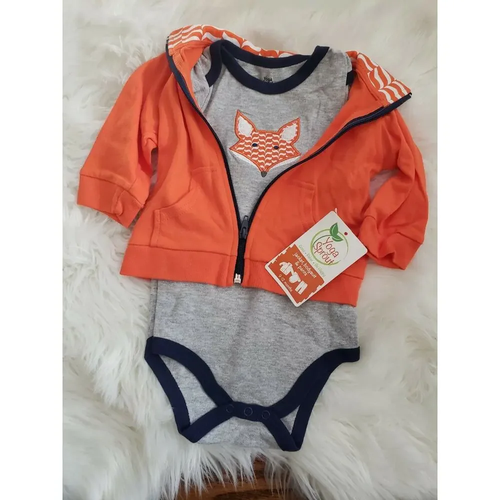 NEW‎ Yoga Sprout 3 Piece Bodysuit Hoodie Pants Set Orange Fox 9-12 Month Baby